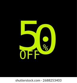 Stylized 50% off label with green text on a black background