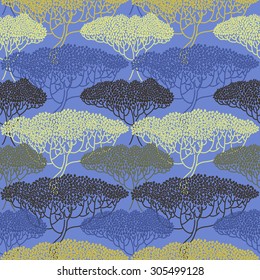 Stylized abstract autumn tree illustration. Wallpaper seamless pattern. Ecology and garden theme