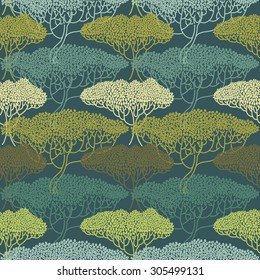Stylized abstract autumn tree illustration. Wallpaper seamless pattern. Ecology and garden theme