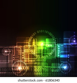Stylized abstract background with digital symbols and glowing elements