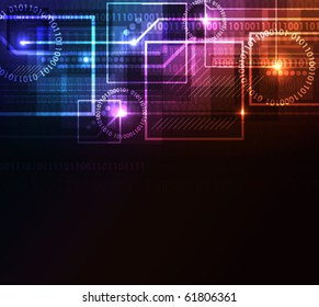 Stylized abstract background with digital symbols and glowing elements