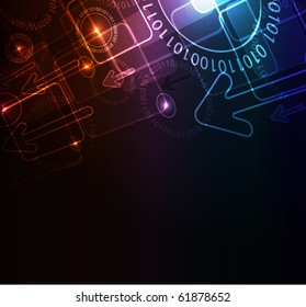 Stylized abstract background with digital symbols, arrows and glowing elements