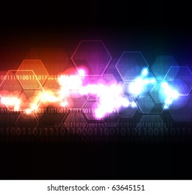Stylized abstract background with digital symbols and glowing elements
