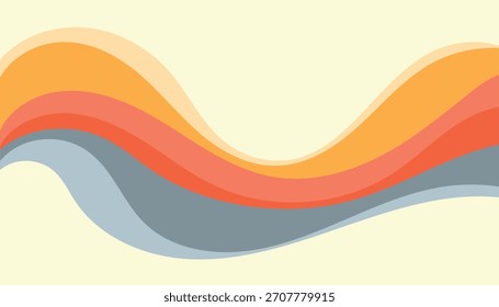 A stylized abstract background featuring layered wavy stripes in warm orange, red, and blue hues.