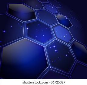 Stylized abstract background with glowing honeycombs and stars