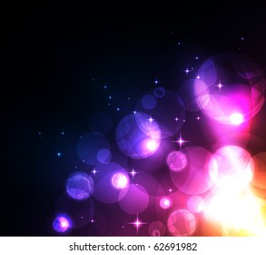 Stylized abstract background with motion glowing circles, spheres and stars