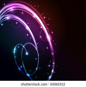Stylized abstract background with moving glowing lines, circles and stars