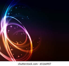 Stylized abstract background with moving glowing lines, circles and stars