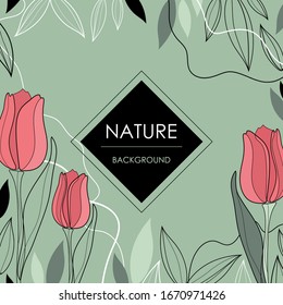Fondo abstracto estilizado con tulipanes y hojas. Cartel, afiche, pegatina, letra. Ilustración vectorial.