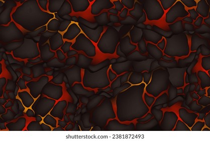 Stylized abstract background of volcano magma glow texture in cracking holes.Destroyed earth surface and flowing lava.Shine texture after an earthquake.