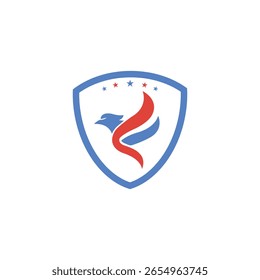 Pájaro abstracto estilizado dentro de una forma de escudo, perfecto para seguridad, aviación o logotipos de equipo. Vector EPS, fácil de editar y escalar.
