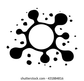 Stylized abstract blot sign with splashes. Black hand drawn blotch with blank space in the center. Spot symbol isolated on white. Vector illustration in EPS8 format.