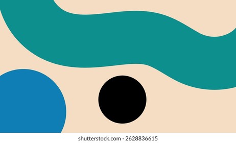 Stylized abstract composition with wavy teal lines and black, blue circular shapes on a beige backdrop, expressing a fluid modern aesthetic.