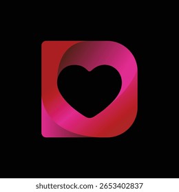 Um logotipo estilizado e abstrato de letra D com uma forma de coração dentro de um contorno quadrado arredondado. O logotipo usa um gradiente vibrante de rosa e vermelho, criando um visual moderno e dinâmico.