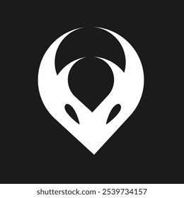  a stylized, abstract design resembling an alien head. The logo is primarily black with a white background. 