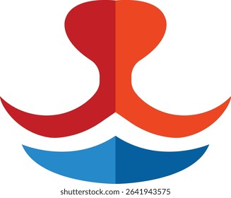 A stylized abstract emblem featuring a central red and orange organic shape with two curved extensions, complemented by a blue wave-like element below, perfect for unique logos or branding.