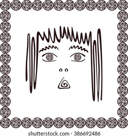 Stylized abstract ethnic girl face. Hand drawing Doodle,vector illustration. Tribal illustration on white background. Black ethnic frame isolated on white background.