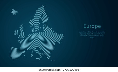 Stylized abstract Europe map formed with radiant circular neon lines on dark background