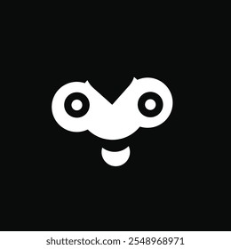 a stylized, abstract face with two large circular eyes and a tongue sticking out, all in white against a black background. The design is simple yet playful.