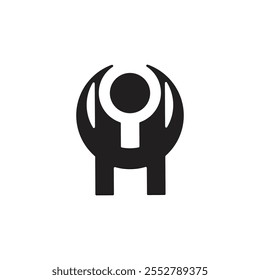 a stylized, abstract figure with a circular head and raised arms, enclosed within a circular shape. The design is symmetrical and minimalist, evoking a sense of unity and strength.