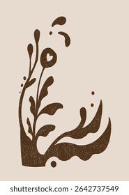 Forma floral abstracta estilizada con hojas marrones texturizadas y un detalle de corazón sobre un fondo beige, que representa la naturaleza y el diseño orgánico. Ilustración vectorial