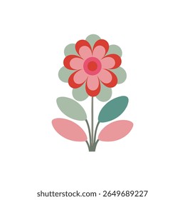 A stylized, abstract flower design featuring concentric circles in red and pink for the bloom, and teardrop-shaped leaves in muted pastel colors along a thin stem.