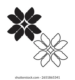 Stylized abstract flower emblem with petal-shaped elements in black and white. Perfect for use as icon, symbol, mandala art, textile design, or geometric decorative pattern.