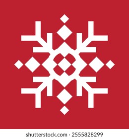 Stylized abstract geometric snowflake winter icon on a soft pastel red background.