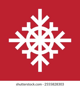 Stylized abstract geometric snowflake winter icon on a soft pastel red background.
