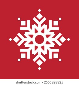 Stylized abstract geometric snowflake winter icon on a soft pastel red background.