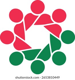 A stylized, abstract graphic featuring a circular arrangement of seven figures, alternating in red and green, forming a cohesive unit around a central opening, symbolizing unity and teamwork.