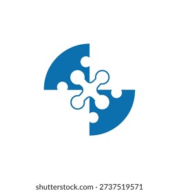 A stylized abstract graphic featuring two blue puzzle pieces interlocking to form a central star or cross shape with circular cutouts, set against a clean white background.