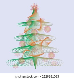 Stylized abstract guilloche Christmas tree. Christmas decorations - Christmas balls, Christmas star, asterisks. Vector. Greeting card, wrapping paper, web design