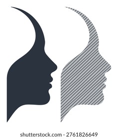 Stylized abstract human face profile, presented as a solid dark silhouette and a diagonal striped design.