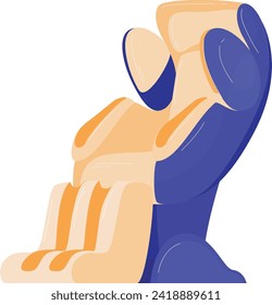 Stylized abstract human hand in harmony gesture. Blue and orange conceptual design of support and care. Unity and teamwork vector illustration.