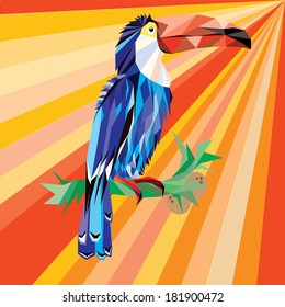 stylized abstract idit toucan on a branch on a background of bright beams