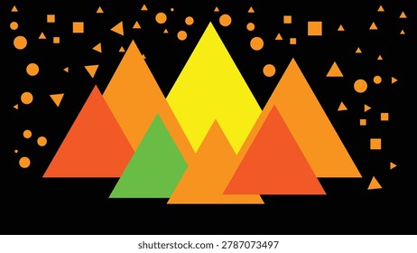 The a stylized, abstract landscape composed of geometric shapes. Three large triangles in gradient shades of orange, yellow, and green form layered mountain silhouettes against a black background. The composition is symmetrical and centered. Surrounding the mountains, a repeating pattern of small orange squares, yellow triangles, and black dots creates a textured border. The color palette is vibrant and limited, with flat, solid colors creating a vector-style