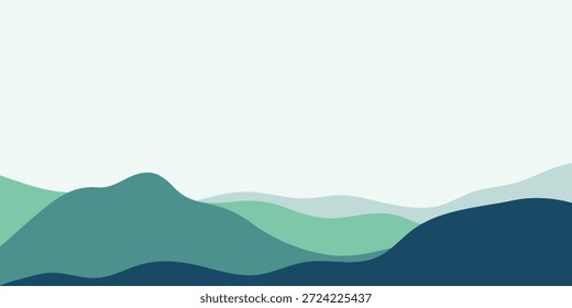 Stylized abstract landscape featuring layered rolling hills in various shades of teal and green, with a light blue sky.