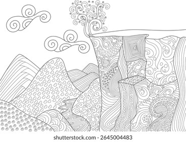 Stylized abstract landscape line art illustration with intricate patterns on mountains, cliff, tree, and clouds for coloring and design.