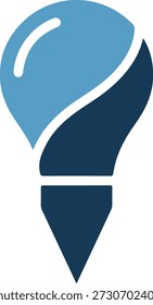 A stylized abstract light bulb with a unique design, symbolizing creative concepts, set against a clean white background with a mix of light blue and dark blue colors.