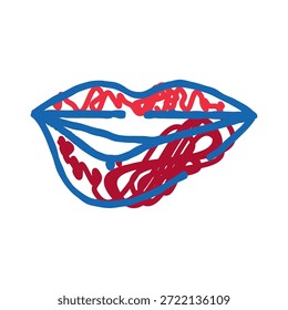 Stilisierte abstrakte Lippen doodle in blau umrissen mit energetischen roten Kritzeleien füllen die Form auf weißem Hintergrund, chaotische Pop-Art Pinselstriche vermitteln spielerischen sinnlichen Ausdruck