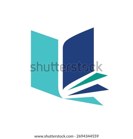 A stylized, abstract logo depicting an open book with vibrant orange and blue pages, accented by green curves.