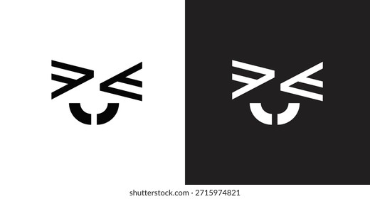 Diseño de logotipo abstracto estilizado que presenta una cara moderna y sin emociones con Formas geométricas y líneas sobre fondos en blanco y negro contrastantes, ideal para proyectos de marca e identidad visual