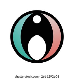 Um logotipo estilizado e abstrato com um círculo preto com dois segmentos curvos de cor gradiente em azul-petróleo e coral, enquadrando um oval e um ponto branco central.