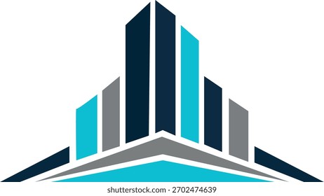 Ein stilisiertes abstraktes Logo mit geometrischen Formen in Blau, Grau und Dunkelblau, das einem modernen Gebäude oder Wolkenkratzer ähnelt.