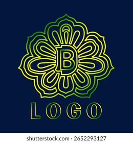 Um logotipo estilizado e abstrato com a letra "B" no seu centro, dentro de um desenho circular, floral com linhas radiantes. O logotipo usa um gradiente contra um fundo azul escuro.
