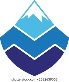 Um logotipo estilizado e abstrato com um pico de montanha e elementos em camadas em tons de azul.