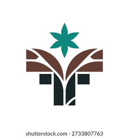 Stylized abstract logo featuring an open book with leaves and a star on top