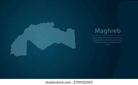 Stilisierte abstrakte Karte von Maghreb mit strahlend blauen konzentrischen Linien auf dunklem Hintergrund