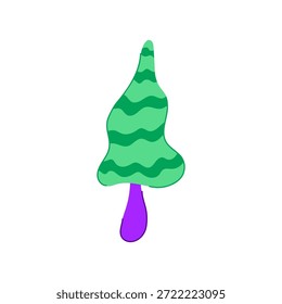 Stylized abstract mushroom featuring a wavy green cap with darker stripes and a vibrant purple stem, creating a playful, psychedelic, and retro cartoon aesthetic